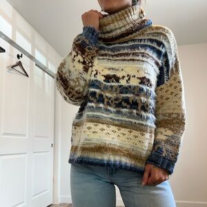 Angie Blue and Cream Cowl Neck Sweater with Nordic  vintage Design